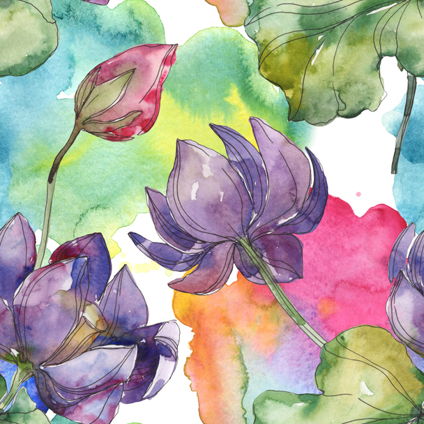Pink and purple lotus botanical flower. Wild spring leaf isolated. Watercolor illustration set. Watercolour drawing fashion aquarelle. Seamless background pattern. Fabric wallpaper print texture. - Fotografie, Obrázek