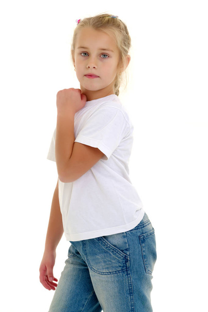 Little girl with a white t-shirt for advertising. - Φωτογραφία, εικόνα