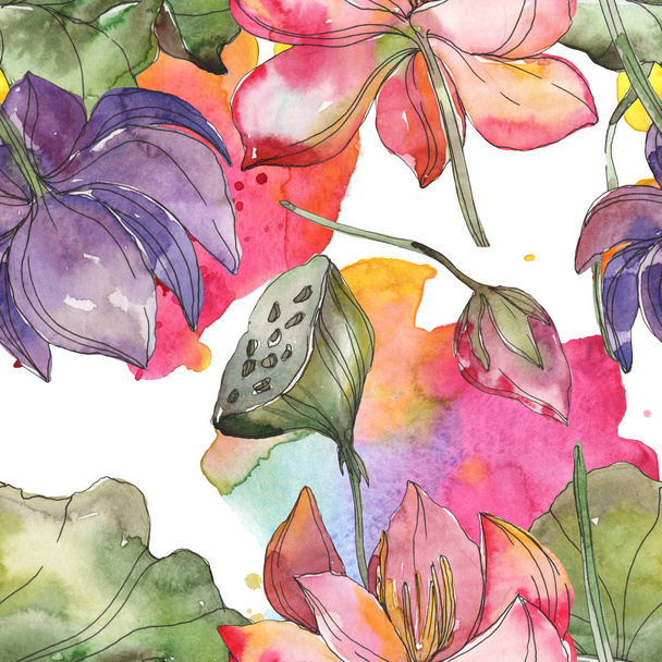 Pink and purple lotus botanical flower. Wild spring leaf isolated. Watercolor illustration set. Watercolour drawing fashion aquarelle. Seamless background pattern. Fabric wallpaper print texture. - Fotografie, Obrázek