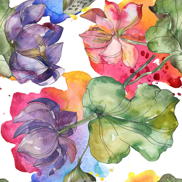 Pembe ve mor lotus botanik çiçek. Vahşi bahar yaprak izole. Suluboya resim kümesi. Suluboya çizim moda aquarelle. Sorunsuz arka plan deseni. Kumaş duvar kağıdı yazdırma doku. - Fotoğraf, Görsel