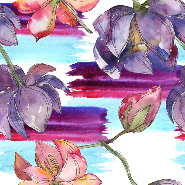 Pink and purple lotus botanical flower. Wild spring leaf isolated. Watercolor illustration set. Watercolour drawing fashion aquarelle. Seamless background pattern. Fabric wallpaper print texture. - Valokuva, kuva