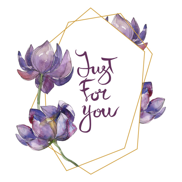 Purple lotus foral botanical flower. Wild spring leaf wildflower isolated. Watercolor background illustration set. Watercolour drawing fashion aquarelle. Frame border ornament square. - Φωτογραφία, εικόνα