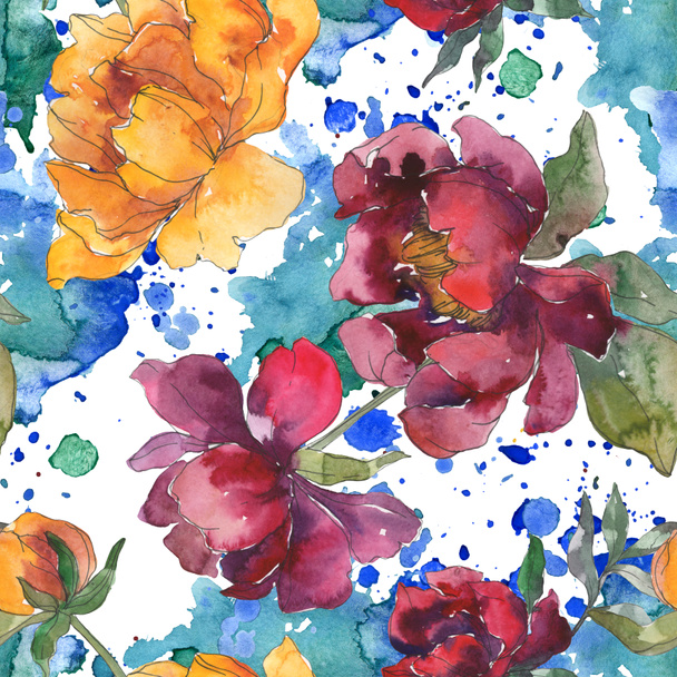 Yellow and burgundy peonies. Watercolor illustration set. Seamless background pattern. Fabric wallpaper print texture. - Fotografie, Obrázek