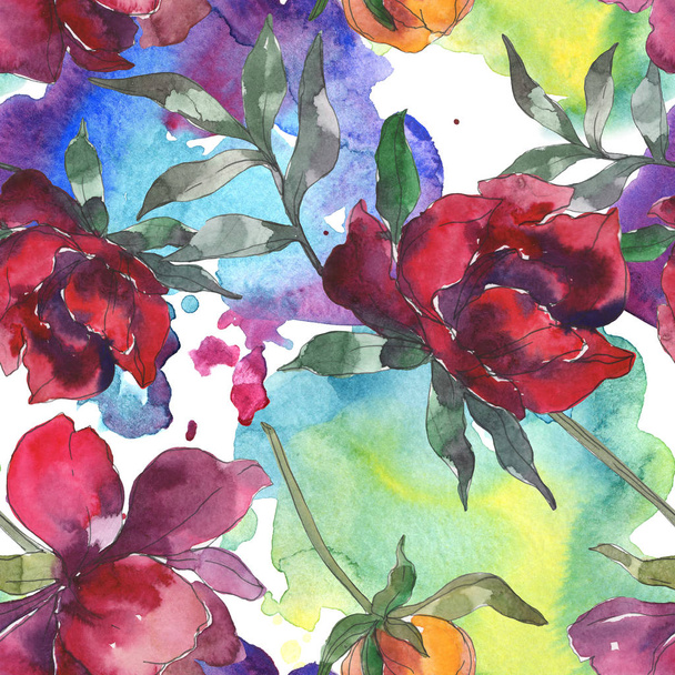 Yellow and burgundy peonies. Watercolor illustration set. Seamless background pattern. Fabric wallpaper print texture. - 写真・画像