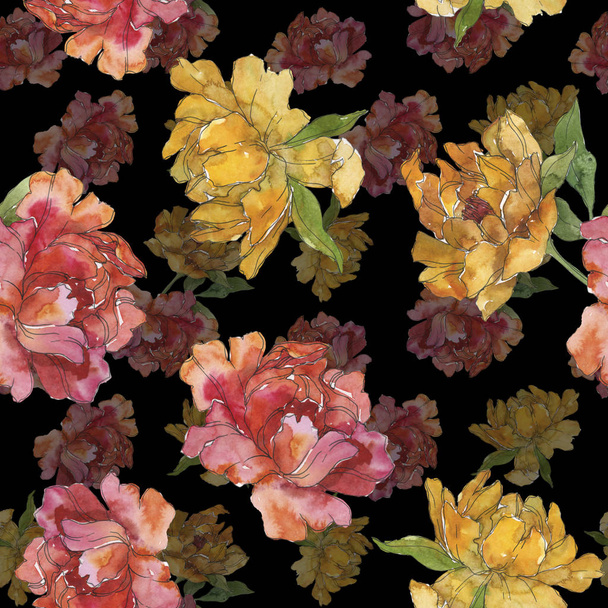 Yellow and red peonies. Watercolor illustration set. Seamless background pattern. Fabric wallpaper print texture. - Foto, Imagem