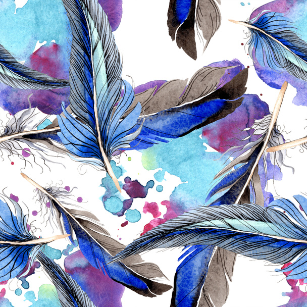 Bird feathers from wing. Watercolor background illustration set. Seamless background pattern. Fabric wallpaper print texture. - Photo, image