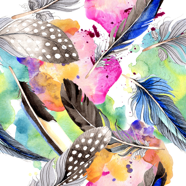 Bird feathers from wing. Watercolor background illustration set. Seamless background pattern. Fabric wallpaper print texture. - Фото, зображення