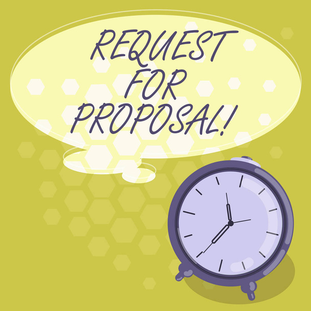 Conceptual hand writing showing Request For Proposal. Business photo showcasing document that solicits proposal made through a bidding Color Thought Speech Bubble with Outline and Alarm Clock. - Photo, Image