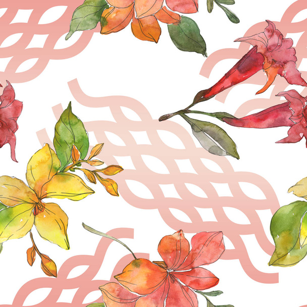 Red and yellow tropical botanical flowers. Wild spring leaf isolated. Watercolor illustration set. Watercolour drawing fashion aquarelle. Seamless background pattern. Fabric wallpaper print texture. - Φωτογραφία, εικόνα