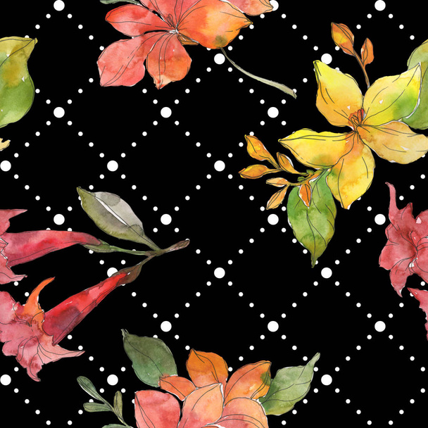 Red and yellow tropical botanical flowers. Wild spring leaf isolated. Watercolor illustration set. Watercolour drawing fashion aquarelle. Seamless background pattern. Fabric wallpaper print texture. - Foto, Imagem