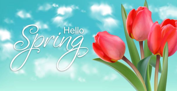 Spring tulip flowers on sky background Vector realistic banner templates - Wektor, obraz