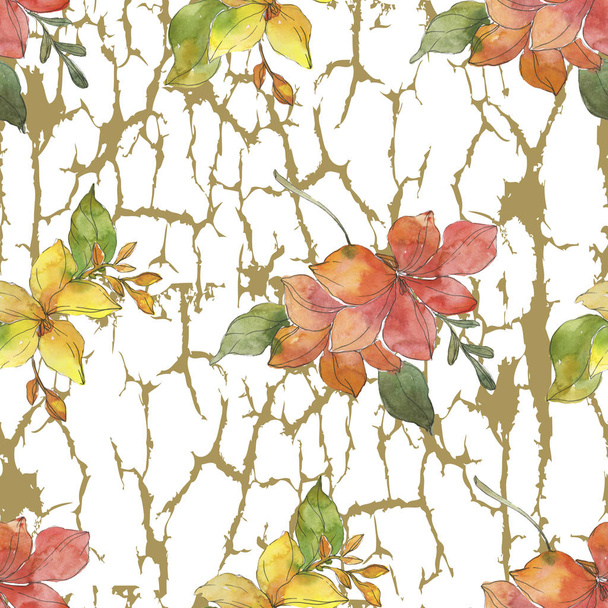 Red and yellow tropical botanical flowers. Wild spring leaf isolated. Watercolor illustration set. Watercolour drawing fashion aquarelle. Seamless background pattern. Fabric wallpaper print texture. - 写真・画像