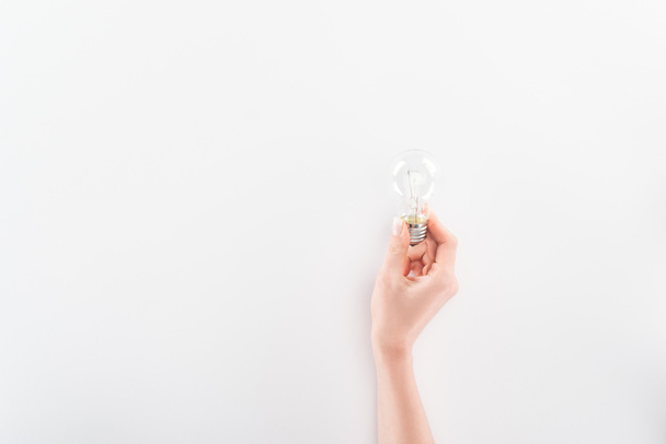 Partial view of woman holding bulb on grey background - Valokuva, kuva