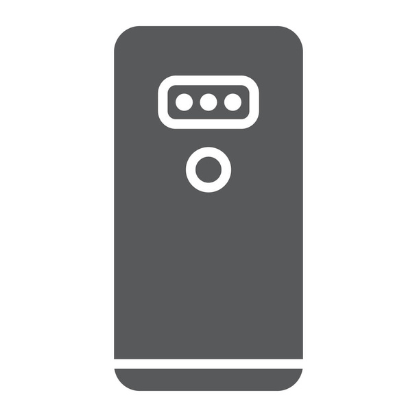 Smartphone com três ícone de glifo da câmera, gadget e comunicação, sinal de telefone celular, gráficos vetoriais, um padrão sólido em um fundo branco
. - Vetor, Imagem