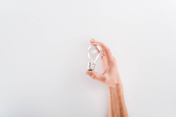 Cropped view of man holding bulb on grey background - Foto, Bild