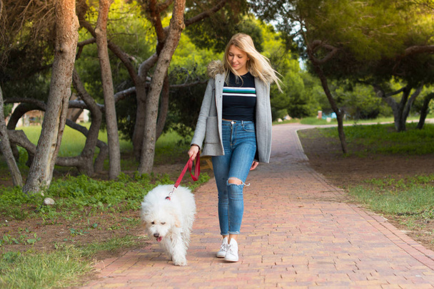 Jong meisje, wandelen met haar hond in een park - Foto, afbeelding