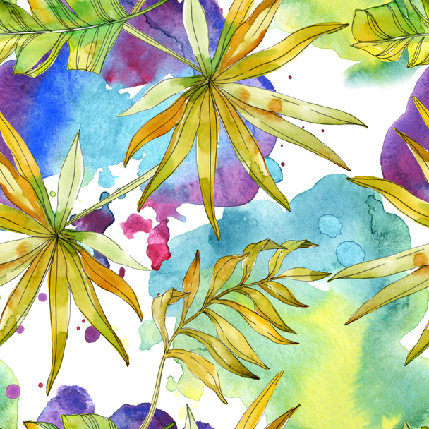 Trópusi virág botanikai virágok. Egzotikus növény levél elszigetelt. Akvarell illusztráció készlet. Akvarell rajz divat aquarelle. Varratmentes háttérben minta. Anyagot a nyomtatási textúrát. - Fotó, kép
