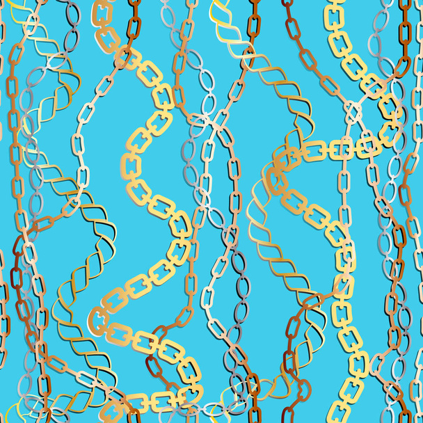 Fashion Seamless Pattern with Golden Chains. Print with gold chains on blue background. Vector seamless pattern. Fabric design.  - Vector, Imagen