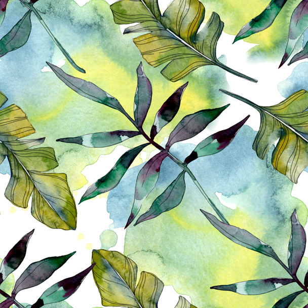 緑の葉の植物の植物。エキゾチックな熱帯のハワイアンの夏。水彩イラスト セット。水彩描画のファッション aquarelle 分離します。シームレスな背景パターン。壁紙印刷手触りの生地. - 写真・画像