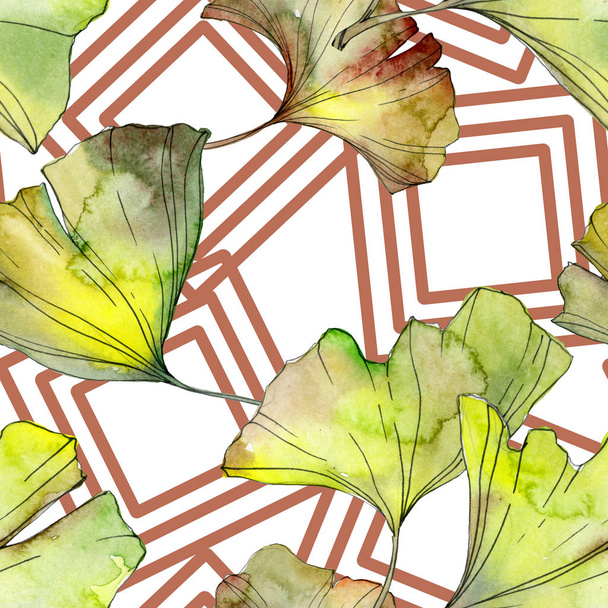 Yellow and green ginkgo biloba foliage watercolor illustration. Seamless background pattern.  - Foto, Imagen