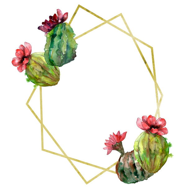 Groene bloemen botanische Cactusbloem. Wild voorjaar blad wildflower geïsoleerd. Aquarel achtergrond afbeelding instellen. Aquarel tekenen mode aquarelle. Frame grens ornament vierkant. - Foto, afbeelding