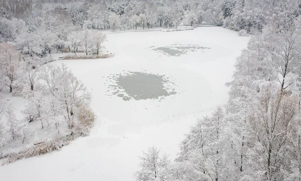 Aerial view of winter beautiful landscape with trees covered with hoarfrost and snow. Winter scenery from above. Landscape photo captured with drone. - Photo, Image
