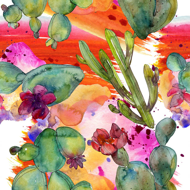 Green cacti watercolor illustration set. Seamless background pattern. Fabric wallpaper print texture. - Foto, Bild
