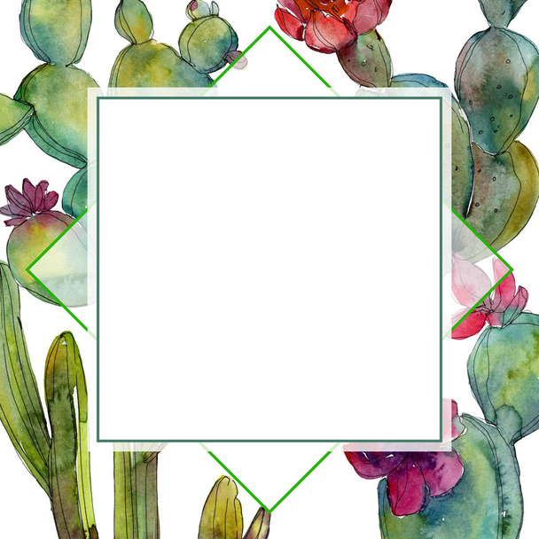 Green cacti watercolor background illustration set. Frame border ornament with copy space. - Fotó, kép