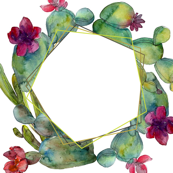 Green cacti watercolor background illustration set. Frame border ornament with copy space. - Zdjęcie, obraz
