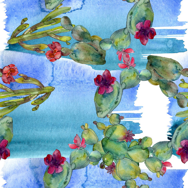 Green cacti watercolor illustration set. Seamless background pattern. Fabric wallpaper print texture. - Fotoğraf, Görsel