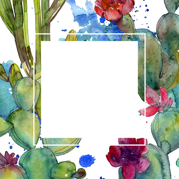 Green cacti watercolor background illustration set. Frame border ornament with copy space. - Фото, изображение