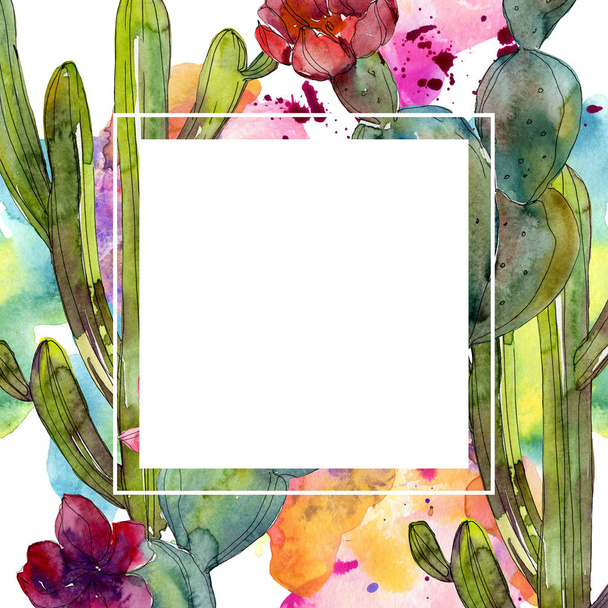 Groene cactussen aquarel achtergrond afbeelding instellen. Frame grens sieraad met kopie ruimte. - Foto, afbeelding