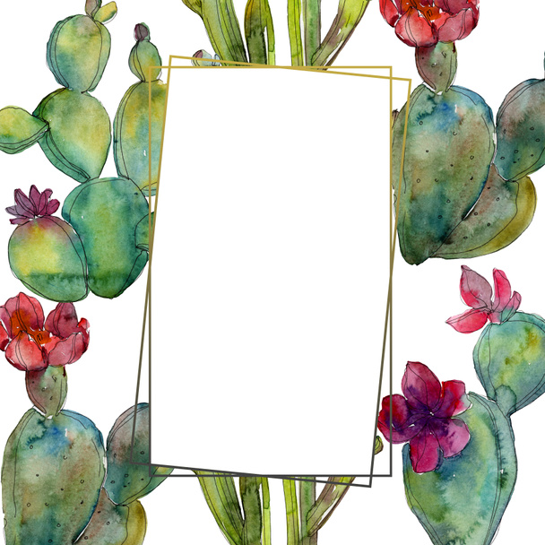 Green cacti watercolor background illustration set. Frame border ornament with copy space. - Photo, Image