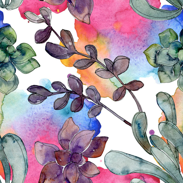 Exotic tropical hawaiian botanical succulents. Watercolor illustration set. Seamless background pattern. Fabric wallpaper print texture. - Photo, Image