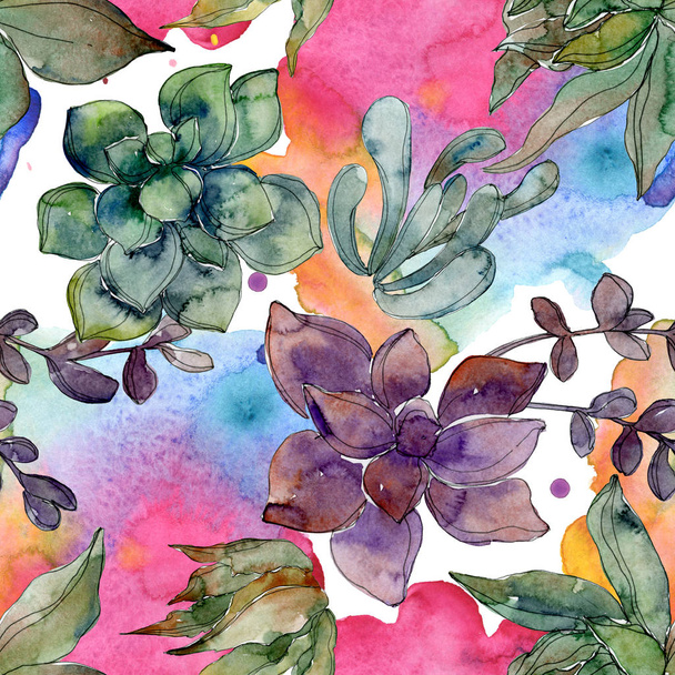 Exotic tropical hawaiian botanical succulents. Watercolor illustration set. Seamless background pattern. Fabric wallpaper print texture. - Фото, зображення