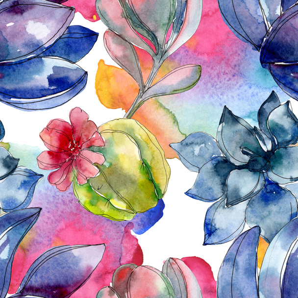 Succulent botanical flowers. Watercolor illustration set. Seamless background pattern. Fabric wallpaper print texture. - Fotografie, Obrázek
