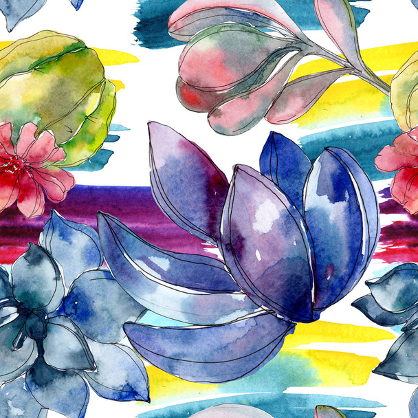Succulent botanical flowers. Watercolor illustration set. Seamless background pattern. Fabric wallpaper print texture. - Photo, Image