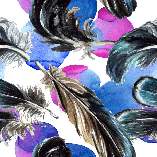 Blue and black bird feathers from wing. Watercolor background illustration set. Seamless background pattern. - Foto, immagini