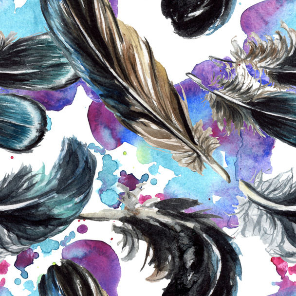 Blue and black bird feathers from wing. Watercolor background illustration set. Seamless background pattern. - Фото, изображение
