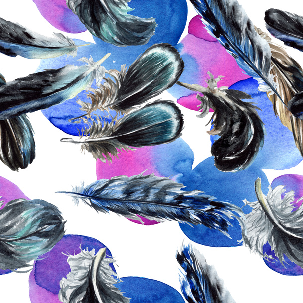 Blue and black bird feathers from wing. Watercolor background illustration set. Seamless background pattern. - Φωτογραφία, εικόνα