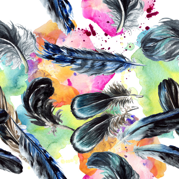 Blue and black bird feathers from wing. Watercolor background illustration set. Seamless background pattern. - Foto, Imagem