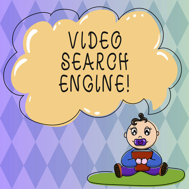 Text sign showing Video Search Engine. Conceptual photo which crawls web deeply for media and audio content Baby Sitting on Rug with Pacifier Book and Blank Color Cloud Speech Bubble. - Photo, Image