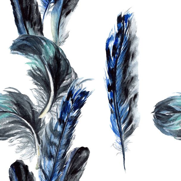 Blue and black bird feathers from wing. Watercolor background illustration set. Seamless background pattern. - Foto, Bild