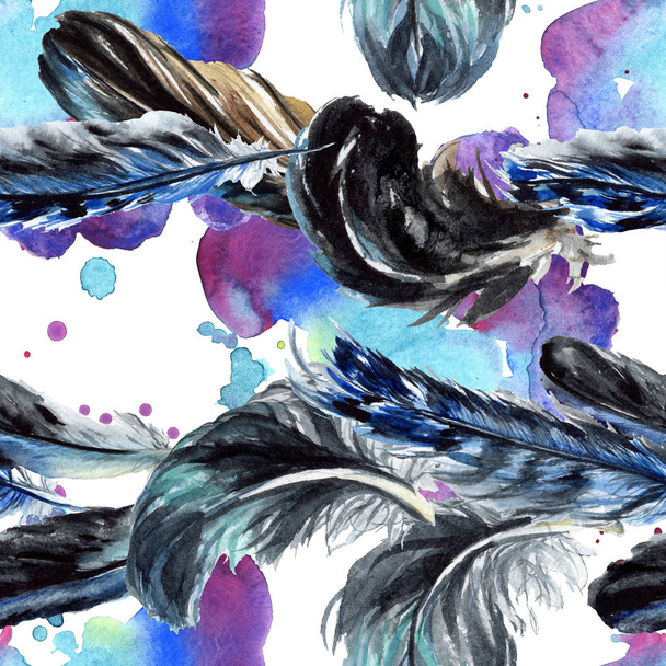 Blue and black bird feathers from wing. Watercolor background illustration set. Seamless background pattern. - Photo, Image