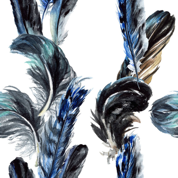 Синие и черные птичьи перья с крыла. Набор акварельных фонов. Бесшовный рисунок фона
. - Фото, изображение