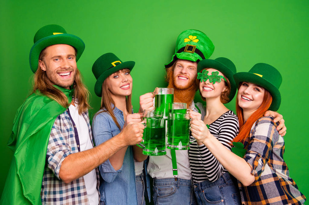Portrait of nice lovely attractive cheerful cheery glad positive people guys ladies wearing trendy stylish look outfit costumes clinking jar craft beer isolated over bright vivid shine background - Foto, Imagem