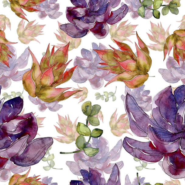 Exotic tropical hawaiian botanical succulents. Watercolor illustration set. Seamless background pattern. Fabric wallpaper print texture. - 写真・画像