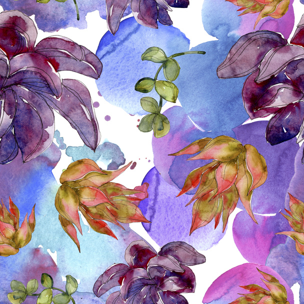 Exotic tropical hawaiian botanical succulents. Watercolor illustration set. Seamless background pattern. Fabric wallpaper print texture. - Фото, изображение