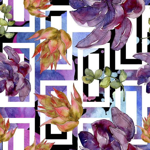Exotic tropical hawaiian botanical succulents. Watercolor illustration set. Seamless background pattern. Fabric wallpaper print texture. - Foto, Imagem