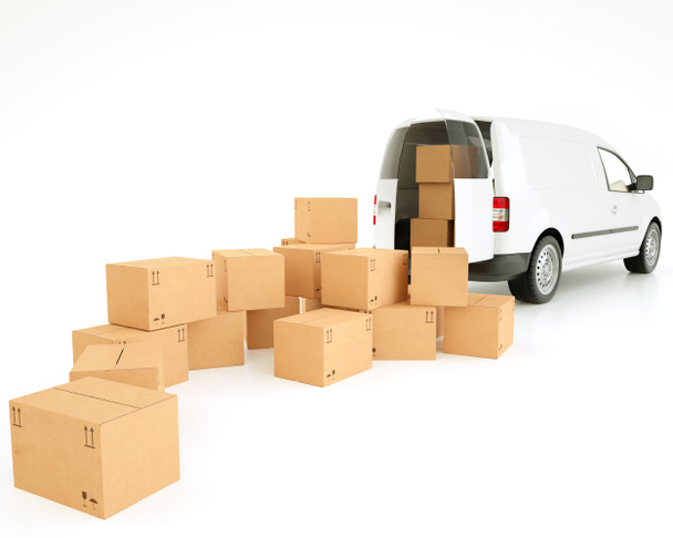 Van with package stack on white background - 3D Rendering - Photo, Image